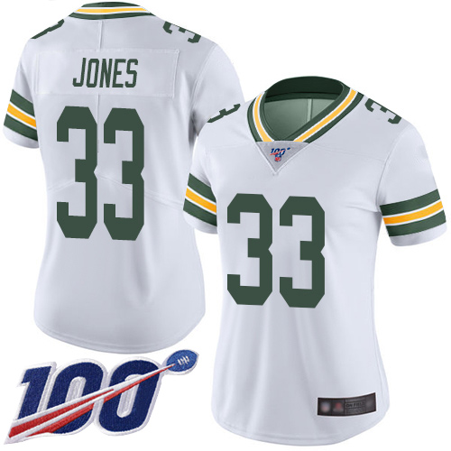 Women's Green Bay Packers #33 Aaron Jones 2019 White 100th Season Vapor Untouchable Limited Stitched NFL Jersey(Run Small)